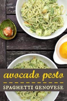 
                    
                        Avocado pesto spaghetti genovese. A delicious vegan twist on this Italian classic.
                    
                
