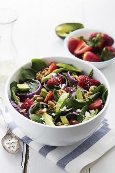 
                    
                        Strawberries, avocados, red onions, walnuts, and feta cheese all tossed with fresh baby spinach and creamy poppyseed dressing!
                    
                