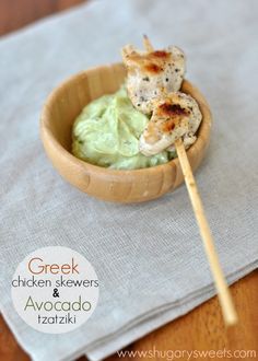 
                    
                        Grilled Greek Chicken on skewers with an Avocado Tzatziki dipping sauce. This is a must try, easy dinner recipe!
                    
                