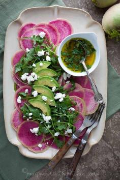 Top 25 Raw Vegan Lunch Recipes: Carpaccio of Watermelon Radishes w/Arugula & Citrus Avocado Dressing