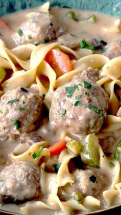 
                    
                        Swedish Meatball Soup ~Tender, moist meatballs, hearty noodles, carrots, mushrooms and celery all swimming in luscious creamy brown gravy broth swirled with sour cream
                    
                