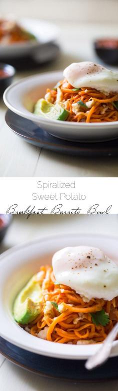 
                    
                        Spiralized Sweet Potato Breakfast Burrito Bowl - 7 Ingredients, gluten free, Paleo and ready in 20 minutes | Foodfaithfitness.com | Taylor | Food Faith Fitness
                    
                
