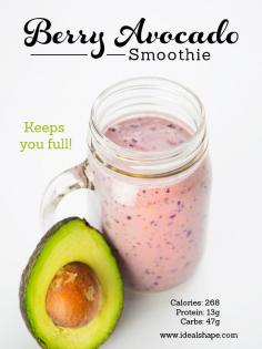Perfect pre/post workout smoothie: 1 scoop vanilla IdealShake mix, 1 cup water, 1/2 avocado, 1/2 banana, 1/4 cup blueberries, add ice and blend. #idealshape #smoothie #recipe #avocado #health #fitness #weightloss