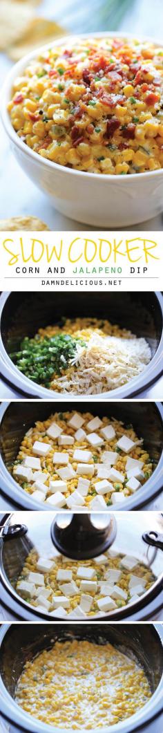 
                    
                        Slow Cooker Corn and Jalapeño Dip - Simply throw everything in the crockpot for the easiest, most creamiest dip ever!
                    
                