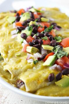 Avocado Black Bean Enchiladas Recipe ~ Healthy and tasty enchiladas filled with seasoned black beans and creamy avocado slices, all covered in green chile enchilada sauce! Ready in 30 minutes!   I'd use corn tortillas instead!