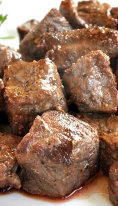 Steak Bites Recipe ~ changed the recipe a bit: cooked it in olive oil and chopped garlic and seasoned the beef with Montreal steak seasoning :) So good!!
