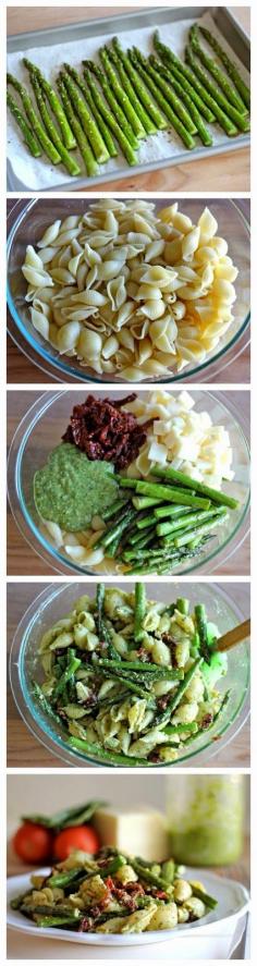 Pesto Pasta with Sun Dried Tomatoes and Roasted Asparagus - A super quick and easy dish, perfect for those busy weeknights! Use spaghetti squash in place of shells for gluten free!