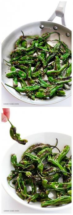 
                    
                        Easy Sesame Shishito Peppers -- all you need are 5 ingredients to make these irresistibly sweet and savory appetizer | gimmesomeoven.com
                    
                