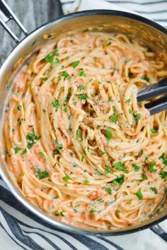 Linguine & Blushing Gorgonzola Cream Sauce- I would love this under a delicious fried chicken breast or pork chop.