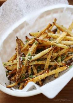 
                    
                        Skinny Garlic Parmesan Fries – Baked in the oven with garlic and oil, then sprinkled with freshly grated Parmesan and parsley – to die for!
                    
                