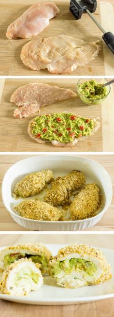 
                    
                        Guacamole Stuffed Chicken Breast - Chicken is smothered in guacamole; rolled up; coated in flavorful breadcrumbs; and baked.
                    
                