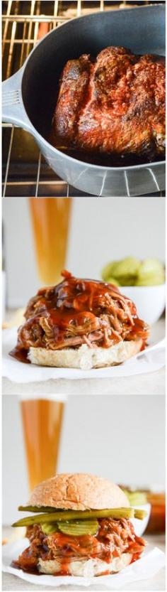 
                    
                        SAUCY PULLED PORK - oven roasted pulled pork that is insanely easy and delicious I howsweeteats.com
                    
                
