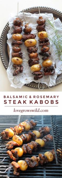 
                    
                        Steak, potato, and mushroom kabobs are soaked in a flavorful balsamic rosemary marinade and grilled to perfection! This takes steak and potatoes to a whole new level! | LoveGrowsWild.com
                    
                