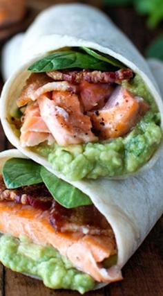 
                    
                        Salmon, Guacamole, and Bacon Wrap (maybe replace the bacon with turkey bacon and use a whole wheat tortilla)
                    
                