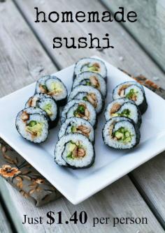 
                    
                        Delicious, homemade sushi with teriyaki chicken, AVOCADO, and asparagus for just $1.40 per person? Believe it! Click through for recipe.
                    
                