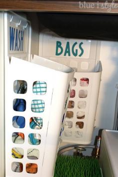 
                    
                        This is a brilliant use of platic trash baskets from Ikea! Perfect for under sink organization! Create a laundry basket for dirty dish towels and keep your plastic shopping bags from taking over the cabinet under your kitchen sink!
                    
                