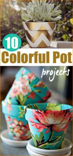 
                    
                        10 Colorful Pot Projects.  Fun ways to add color to indoor and outdoor spaces with painted and fabric covered pots.
                    
                