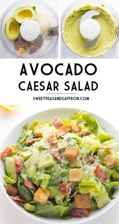
                    
                        Avocado Caesar Salad- an egg-less and mayo free dressing that is creamy and delicious! sweetpeasandsaffr... Denise | Sweet Peas & Saffron
                    
                