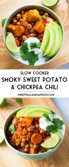 
                    
                        Slow Cooker Sweet Potato and Chickpea Chili with Lime- cooks for 8-10 hours in the slow cooker, and it's ready when you walk in the door from work! sweetpeasandsaffr... Denise | Sweet Peas & Saffron
                    
                