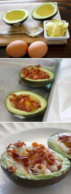 Best Breakfast EVER! Bacon & Egg Stuffed Avocados (just scoop a bit of the avocado out, crack in an egg, sprinkle with bacon and bake 425 for 15 min.) use turkey bacon #avocado #recipes