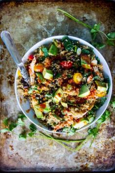 
                    
                        Quinoa, black bean, avocado, chicken bowl with Harissa Vinaigrette
                    
                