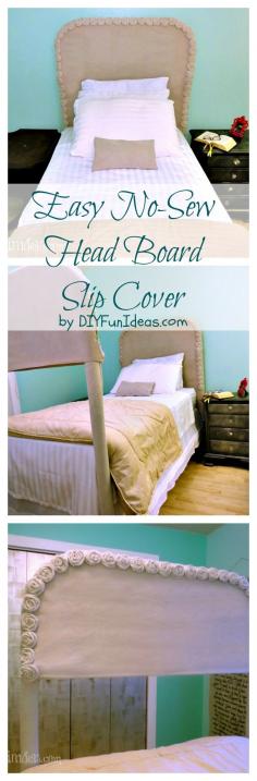 EASY NO-SEW DIY DROP CLOTH ROSETTE HEADBOARD SLIPCOVER � THRIFTY BEDROOM UPDATE! | http://diyfunideas.com/easy-no-sew-diy-headboard-slipcover-with-drop-cloth-rosettes-thrifty-bedroom-update/