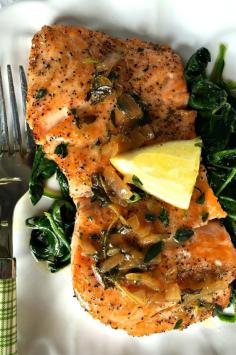 
                    
                        This Pan-Roasted Salmon with Thyme Butter Sauce is delicious served at a small get-together! Easy entertaining tip: Make the sauce prior to guests arriving.
                    
                