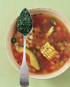 
                    
                        Mexican Fiesta Soup with Roasted Tomatillo and Cilantro Pesto
                    
                