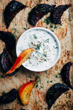 
                    
                        roasted beet wedges with herbed green onion tzatziki
                    
                