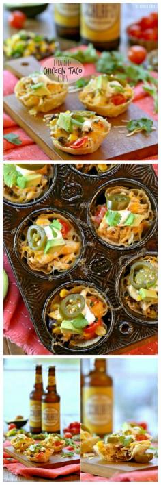 
                    
                        Loaded Chicken Taco Cups are the perfect appetizer for gameday! Tortillas baked into bitesized cups filled with everything for loaded chicken tacos. Superbowl appetizer!! | The Cookie Rookie
                    
                