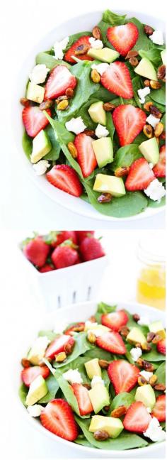 
                    
                        Strawberry Spinach Salad with Avocado, Goat Cheese, and Candied Pistachios on twopeasandtheirpo... The perfect salad for spring and summer!
                    
                