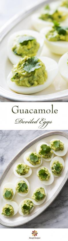 
                    
                        Guacamole Deviled Eggs ~ Green deviled eggs! Hard boiled egg halves, stuffed with avocado guacamole. ~ SimplyRecipes.com
                    
                