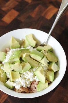 Quick and easy 3 ingredient lunch! Tuna (could also use canned salmon), cottage cheese, and avocado! Sounds weird but it's healthy, quick, filling, and delicious!