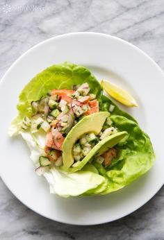 
                    
                        Salmon Lettuce Wraps! Fresh and healthy lettuce wrap with poached salmon, cucumber jicama, avocado, and ginger. #paleo #glutenfree #lowcarb ~SimplyRecipes.com
                    
                