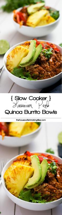 
                    
                        Slow Cooker Hawaiian Pork Burrito Bowls are a dinner saver as they cook all day in a homemade enchilada sauce then topped with sautéed peppers and juicy, seared pineapple! #mexican #glutenfree #burritobowls #pork
                    
                