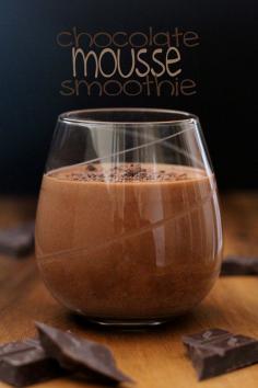 Chocolate Mousse Smoothie with almond milk,  chia seeds,  frozen banana, cocoa powder, avocado, and optional protein powder and/or instant coffee granules.  || runningwithspoons.com