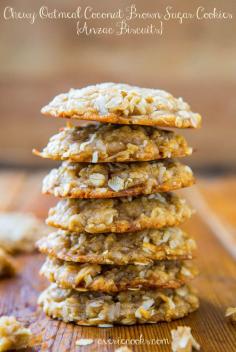 Chewy Oatmeal Coconut Brown Sugar Cookies {Anzac Biscuits} - Egg-free & no mixer required. Super soft, chewy & so good! Add chocolate chips!