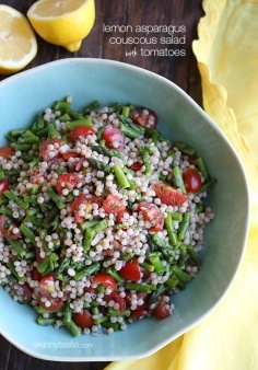 Lemon Asparagus Couscous Salad with Tomatoes - Whole wheat pearl couscous tossed with asparagus, tomatoes and lemon juice make a vibrant Spring pasta salad that is perfect for lunch, as a side dish, or even to make as a side dish if you are #Great Food #food #yummy food| http://hair-styles-collection-arely.blogspot.com