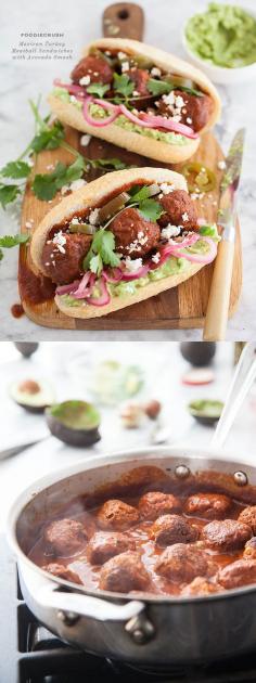 
                    
                        Mexican Turkey Meatball Sandwiches with Avocado Smash, the meatballs are cooked in enchilada sauce | foodiecrush.com
                    
                