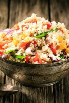 
                    
                        Cranberry and Cilantro Quinoa Salad Recipe with bell pepper, onion, curry powder, lime juice, almonds, and snow peas. Gluten free, low fat, and vegan.
                    
                