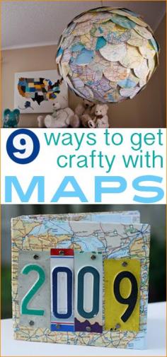 
                    
                        9 DIY Ways to get Crafty with Maps.  Preserve memories or showcase your favorite part of the world with these creative projects.  Maps make great home decor.
                    
                