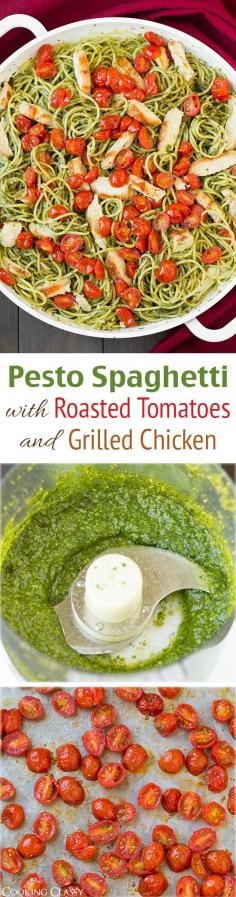 
                    
                        Pesto Spaghetti with Roasted Tomatoes and Grilled Chicken - this is one of my new FAVORITE dinners! Even my 4 year old loved it!
                    
                