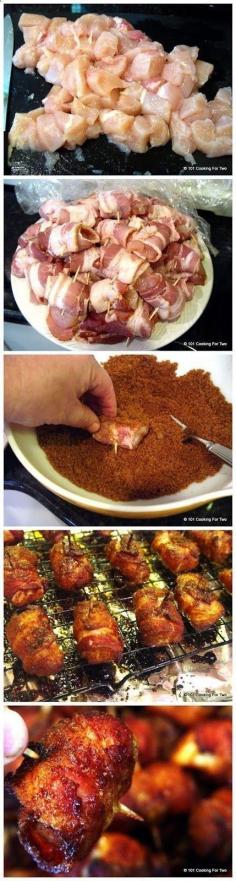 sweet & spicy Bacon Chicken ~ about 1 1/4 pounds skinless boneless chicken breasts cut into 1 inch cubes  1 1/2 pounds bacon  2/3 cup dark brown sugar  2 T chili powder  1/2 t cumin