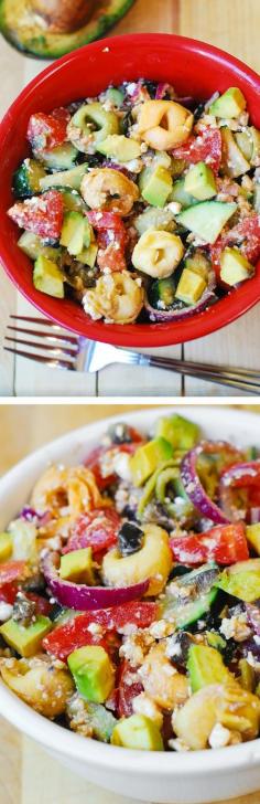 
                    
                        Greek Tortellini Salad with Tomatoes, Avocados, Cucumbers | Mediterranean salad, appetizer, gluten free recipe
                    
                