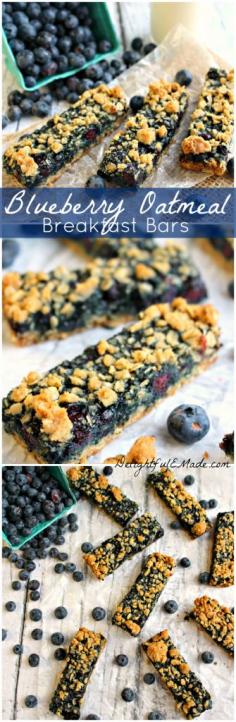 Blueberry Oatmeal Breakfast Bars by www.DelightfulEMade.com | Sweet, juicy blueberries paired with a brown sugar oatmeal crust - simply AMAZING, and the perfect on-the-go breakfast! | #blueberry #breakfast #oatmeal #bar #quick