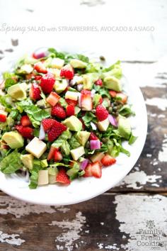 Strawberry, Avocado & Asiago Spring Salad. This looks like a great salad to use fresh strawberries – which are now in season!