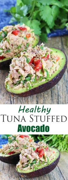 
                    
                        This healthy tuna stuffed avocado is full of southwestern flavors with tuna, red bell pepper, jalapeno, cilantro, and lime.
                    
                