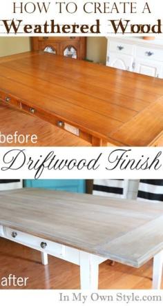 
                    
                        Furniture Makeover: Weathered Driftwood Furniture Finish. DIY instructions on how to create a lovely weathered wood driftwood finish for furniture from In My Own Style.
                    
                