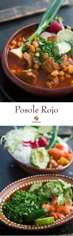 
                    
                        Posole Rojo ~ Traditional Mexican posole (pozole), a broth rich soup made with pork, red chiles, and lots of add-ins like shredded cabbage, radishes, cilantro, lime, and avocado. Feeds a crowd! #CincodeMayo ~ SimplyRecipes.com
                    
                