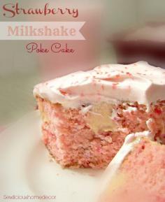 Strawberry Milkshake Poke Cake:  This easy poke cake recipe has all of the flavors that you love about strawberry milkshakes, including ice cream. The recipe calls for melted ice cream, giving the cake a subtle creaminess in both the pudding layer as well as the whipped topping layer. Wow!